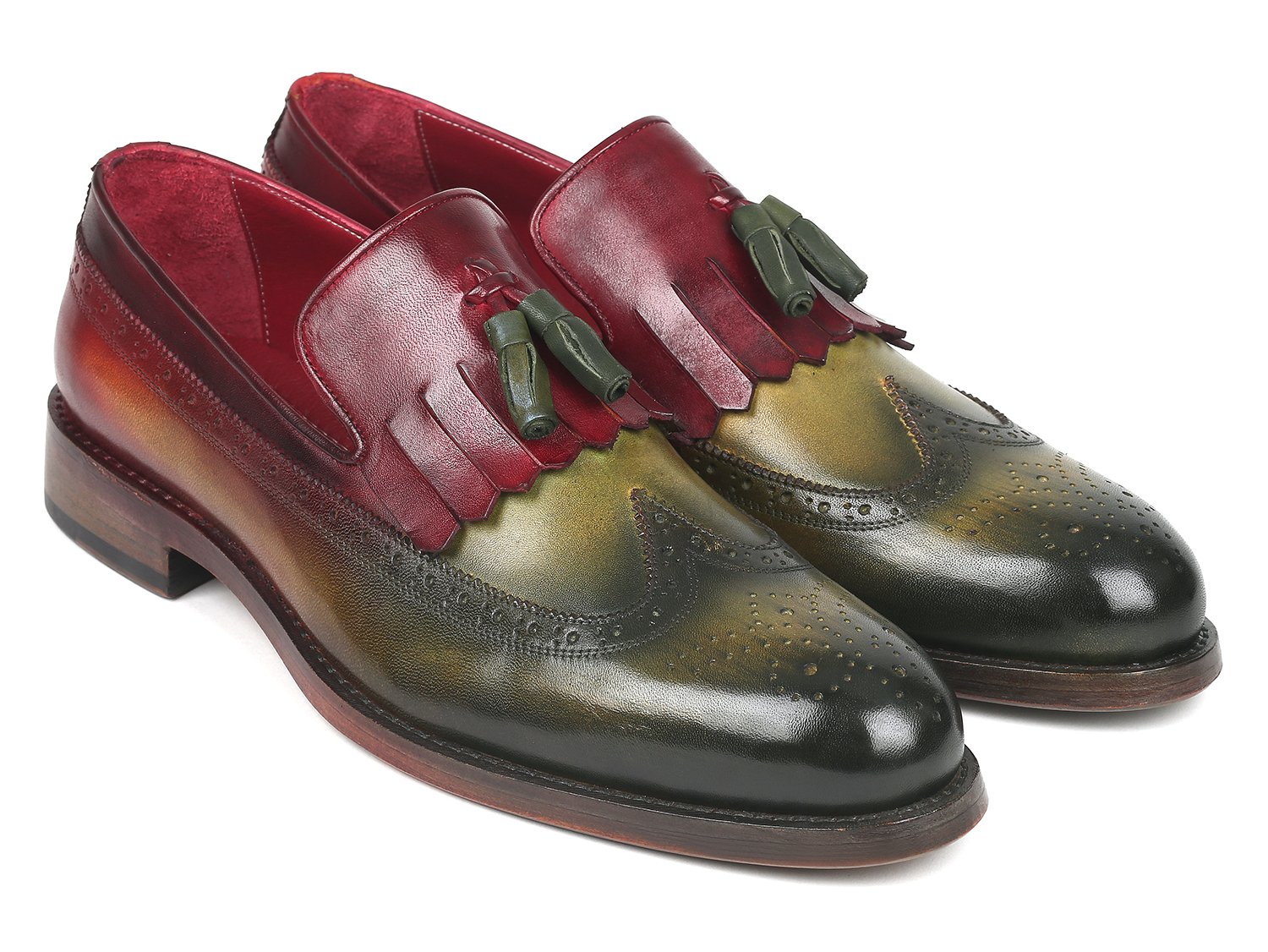 Paul Parkman "KT39RD'' Green / Bordeaux Genuine Calfskin Leather Kiltie Tassel Wingtip Loafer Shoes